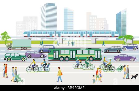 Città con traffico, illustrazione Foto Stock