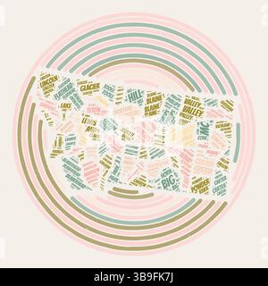 Poster rotondo Montana. Immagine dello stato in stile tipografico. Contee di nuvole di parole del Montana. Design vintage con texture graffiante. Illustrazione Vettoriale