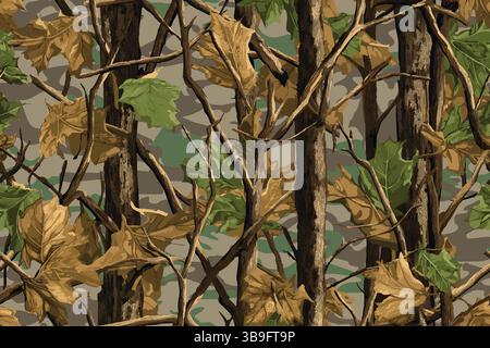 Trama senza cuciture mimetica per la ricerca di alberi reali vettoriali. Motivo camouflage, motivo di caccia senza cuciture. caccia al camo. Mimetizzazione vettoriale Illustrazione Vettoriale