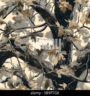 Fantasia moderna mimetica di caccia, stampa militare vettoriale. schema omogeneo mimetico di una vera foresta alberata. Sfondo mimetico vettoriale foglie foresta Illustrazione Vettoriale