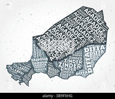 Nuvole di parole nelle regioni del Niger. Forma del paese su sfondo testurizzato. Design nigeriano in stile tipografico. Eccezionale illustrazione vettoriale. Illustrazione Vettoriale