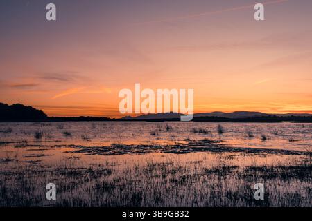 Lo splendido tramonto proietta vivaci sfumature su una tranquilla zona umida con sullo sfondo la silhouette del Monte Ocejon, situato a Guadalajara, Sierra de Foto Stock