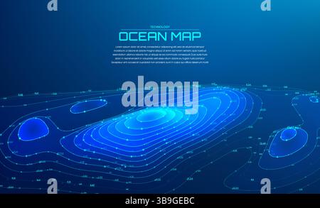 Mappa schema di fondo della linea di carta oceanica radar sonar nautico. Topologia digitale della griglia di profondità sottomarina GPS 3D wireframe sottomarino. Batimetria scientifica Illustrazione Vettoriale