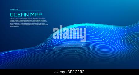 Mappa oceanica con linee di contorno della profondità brillanti dettagliate e dati digitali di elevazione su sfondo blu scuro per l'analisi topografica subacquea Illustrazione Vettoriale
