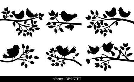 Sagome nere serie di uccelli arroccati sui rami degli alberi su sfondo bianco. Scenografia naturalistica minimalista con forme eleganti e contrasto forte. Illustrazione Vettoriale