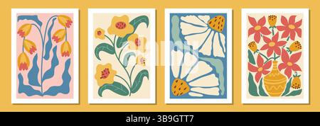 Serie di poster floreali colorati ispirati all'arte di Matisse, con foglie astratte e fiori in tonalità vivaci e audaci. Perfetto per pareti di gallerie, creato Illustrazione Vettoriale