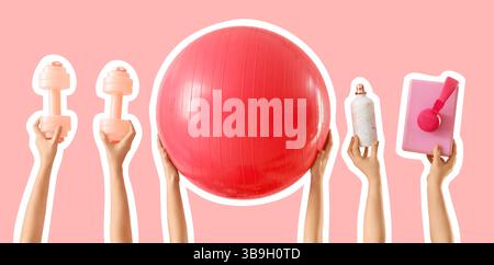 Molte mani con attrezzature sportive su sfondo rosa Foto Stock