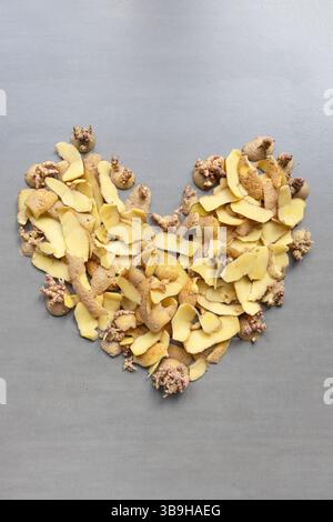 I frammenti di patate e le pelature si trovano a forma di cuore su sfondo grigio sul tema dei rifiuti organici e della separazione organica Foto Stock