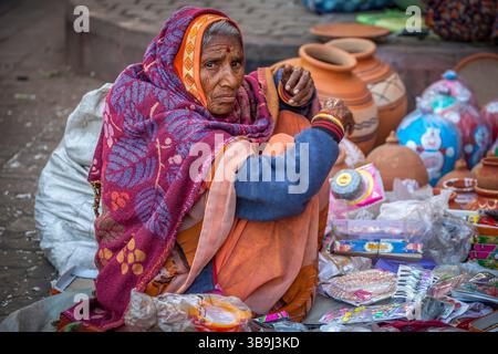 Donna indiana locale che vende merci in un mercato di strada, Jaipur, India Foto Stock