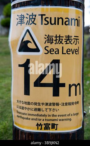 Cartello di evacuazione per lo tsunami che indica la posizione attuale a 14 metri di altezza sul livello del mare sull'isola di Taketomi, Okinawa, Giappone. Foto Stock