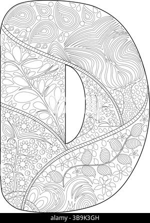 Lettera maiuscola stilizzata D piena di intricati motivi disegnati a mano, tra cui paisley, elementi floreali, vortici e forme astratte. Questo nero e W Illustrazione Vettoriale