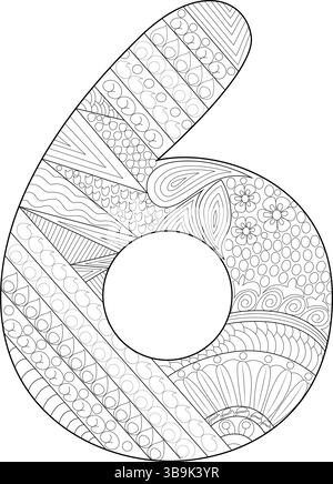 Un intricato disegno in bianco e nero del numero sei, pieno di vari motivi e dettagli, adatto come pagina da colorare per adulti e bambini Illustrazione Vettoriale