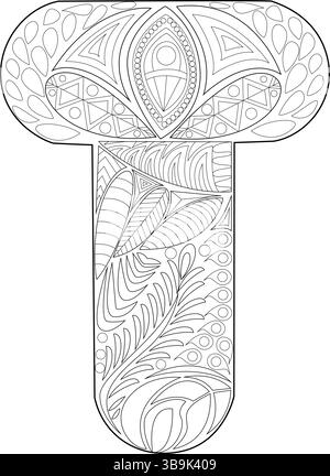 Un'intricata illustrazione in bianco e nero della lettera maiuscola T, piena di motivi astratti e disegni in stile zentangle. Perfetto per adu Illustrazione Vettoriale
