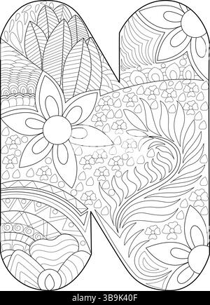 Illustrazione del contorno in bianco e nero della lettera maiuscola N piena di motivi floreali, a foglia e astratti. Per colorare adulti Illustrazione Vettoriale