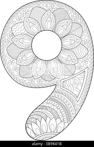 Un'intricata illustrazione a linee bianche e nere del numero nove, piena di motivi floreali e geometrici dettagliati in un mandala o un groviglio zen Illustrazione Vettoriale