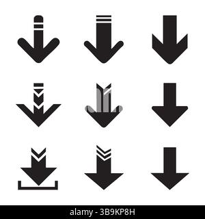 Serie di icone di silhouette con freccia giù su sfondo bianco Illustrazione Vettoriale