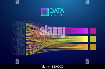 Visualizzazione dell'ordinamento dei dati astratti con flussi digitali colorati, codice binario e flusso di dati strutturati su sfondo scuro, che rappresentano i big data p Illustrazione Vettoriale