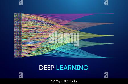 Visualizzazione astratta del deep learning con flussi di dati colorati, flusso di informazioni strutturato e rappresentazione della rete neurale su sfondo scuro, Illustrazione Vettoriale