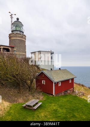 Vecchio faro in piedi su una scogliera rocciosa vicino al mare a Kullen, Svezia. Giorno primaverile coperto dalla costa. Foto Stock