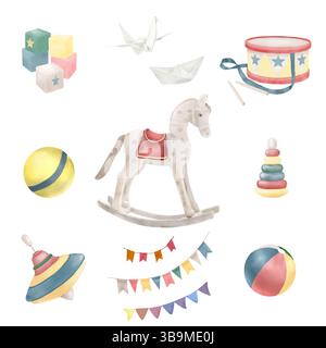 Tamburo per bambini e un cavallo a dondolo, piano girevole e un giocattolo piramidale. Una divertente ghirlanda di bandiere e cubi colorati. Illustrazione acquerello. Set di giocattoli A. Foto Stock