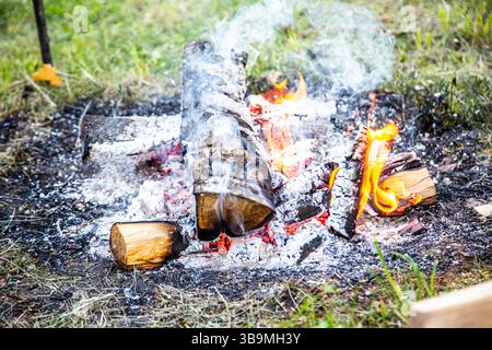 Tronchi di legno in fiamme da vicino all'aperto. Le brace calde della legna che brucia il fuoco. Legna da ardere. Consistenza braci per falò. Fuoco a fuoco incendiato. Foto Stock