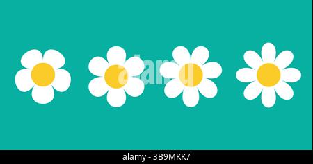 Set di icone camomilla. Camomilla bianca a margherita. Graziosa collezione di piante floreali rotonde. Concetto in crescita. Illustrazione Vettoriale