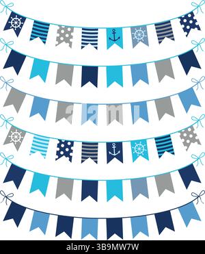 Ghirlande vettoriali a tema nautico nei colori blu e grigio per biglietti d'auguri, inviti e grafica Illustrazione Vettoriale