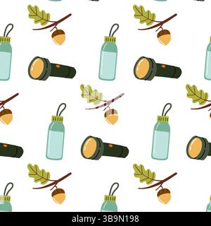 Motivo a tema naturale con torce, bottiglie d'acqua e ghiande su sfondo bianco Illustrazione Vettoriale