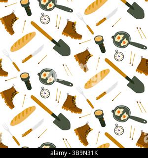 Cucina all'aperto e attrezzatura da trekking disposte in modo ordinato su sfondo bianco Illustrazione Vettoriale