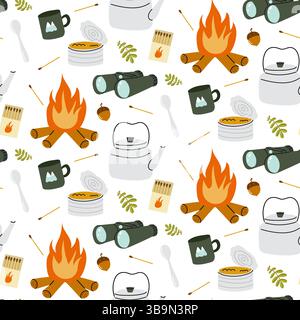 Il motivo degli indispensabili da campeggio è caratterizzato da un accogliente falò e da accessori per esterni in un design divertente Illustrazione Vettoriale