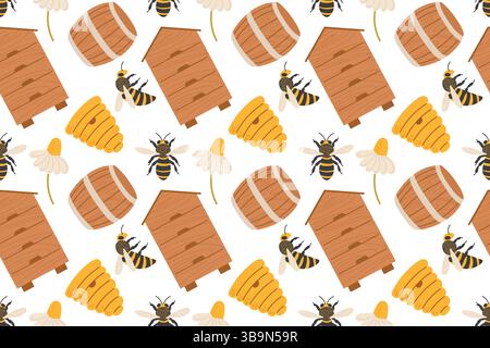 Colorato motivo di api con alveari, favi e fiori in una disposizione allegra Illustrazione Vettoriale