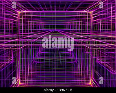 Sfondo prospettico luminoso al neon viola - illustrazione 3d astratta generata dal computer. Arte digitale contemporanea: Tunnel o hall con linee rette Foto Stock