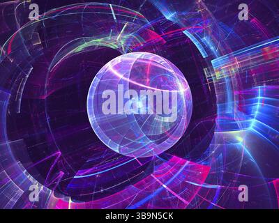 Blu e viola sullo sfondo della tecnologia. Abstract generati con il computer 3d'illustrazione - frattale. Arte digitale: neon incandescente linee e curve simili futurista Foto Stock