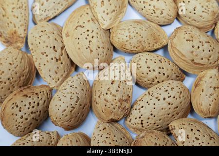 Le mandorle sgusciate stanno creando uno splendido sfondo strutturato su una superficie azzurra, perfetto per progetti alimentari e legati alla salute Foto Stock
