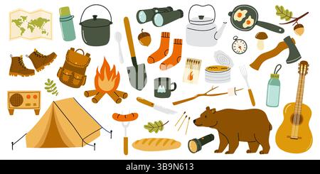 Attrezzatura da campeggio e accessori essenziali disposti su uno sfondo bianco per la pianificazione di avventure all'aperto Illustrazione Vettoriale
