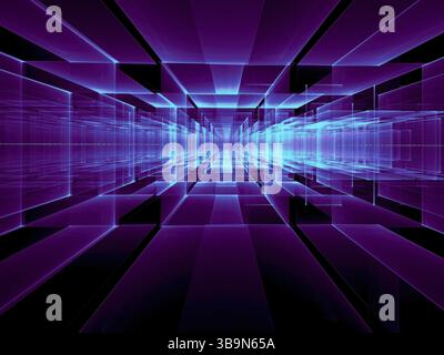Prospettiva astratta sfondo tecnologico - computer-immagine generata. Arte frattale: blocchi e griglia. Viola tech sfondo per hi-tech o scienza ficti Foto Stock