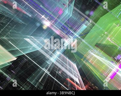 Abstract tech o fantascienza background - computer-immagine generata. Arte frattale: diagonal inclinate pareti di vetro con linee e punti. Sfondo o gr Foto Stock