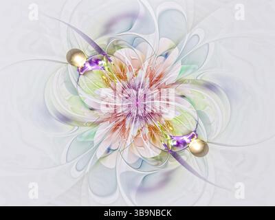 Fiore colorato astratto - immagine generata al computer. Arte frattale: Petali luminosi e ariosi su sfondo ondulato. Per biglietti, poster, puzzle Foto Stock
