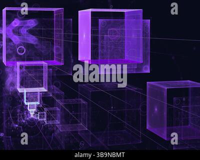 Cubi volanti astratti, linee e forme geometriche - illustrazione 3d generata al computer. Viola sci fi o sfondo high tech. Per la progettazione Web, copertine Foto Stock