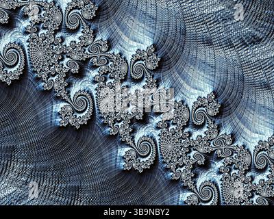 Fondo frattale astratto: Consistenza di filati intrecciati e incrocio diagonale di curve e spirali. Immagine generata dal computer Foto Stock
