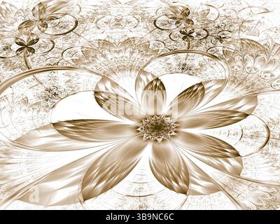 Fiore frattale - immagine astratta generata al computer. Arte digitale: Insolito fiore misterioso con petali testurizzati su sfondo con motivi intricati. Foto Stock