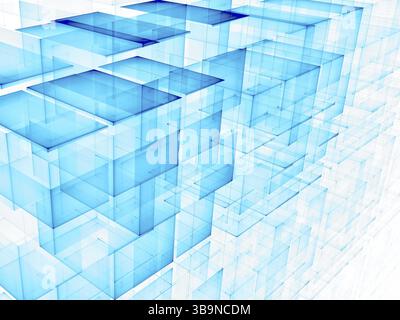 Cubi frattali astratti - illustrazione 3d generata al computer. Arte digitale: Parete di blocchi. Tecnologia o sci-fi su sfondo bianco e blu o desktop wa Foto Stock