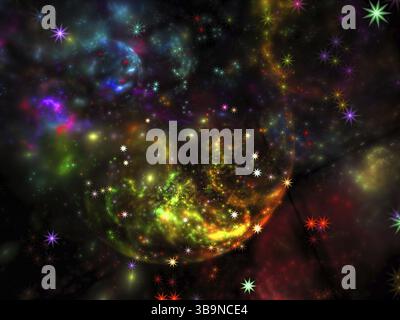 Abstract fractal sky o nebulosa - generati con il computer sfocate immagini colorate. Arte digitale: caos macchie, curve e stelle. Fantascienza o di esoterico th Foto Stock