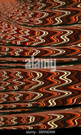 Sfondo ondulato astratto - immagine generata digitalmente. Geometria frattale: Onde e pieghe caotiche. Ornamento etnico arancione. Per copertine, stampe, striscioni Foto Stock
