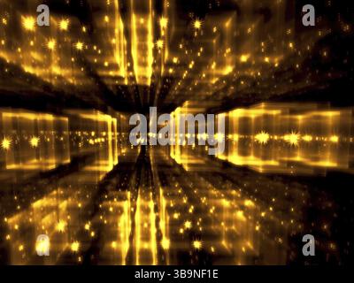 Sfocatura astratta della prospettiva frattale dorata in stile moderno. Sfondo molto luminoso. Illustrazione 3d generata dal computer - blocchi lucidi con stella luminosa Foto Stock