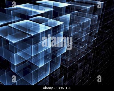 Cubi frattali astratti - illustrazione 3d generata al computer. Arte digitale: Parete blu scuro di blocchi. Sfondo o wallpap per desktop Foto Stock