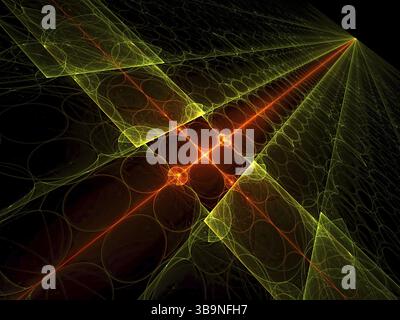 Sfondo tecnico: Superficie luminosa posizionata in diagonale, con linee e cerchi. Immagine astratta generata al computer per copertine, web design, poster Foto Stock