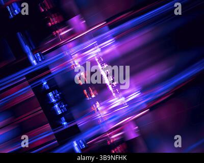 Sfondo sfocato brillante al neon astratto. Illustrazione 3d generata dal computer - frattale. Design futuristico con effetto di sfocatura del movimento. Strisce brillanti Foto Stock