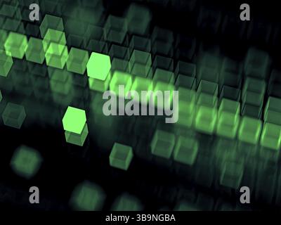 Background tecnico astratto - immagine generata dal computer. Geometria frattale: Cubi sfocati, posizionati in modo casuale e in righe. Tecnologia o background aziendale Foto Stock