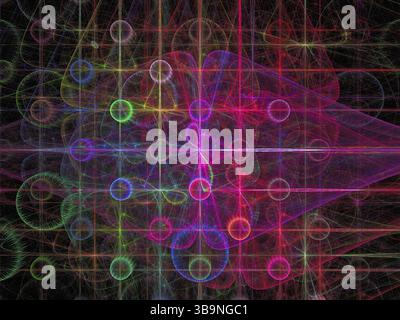 Motivo viola astratto con cerchi luminosi e griglia - immagine generata dal computer. Grafica frattale per sfondo desktop, web design, copertine Foto Stock
